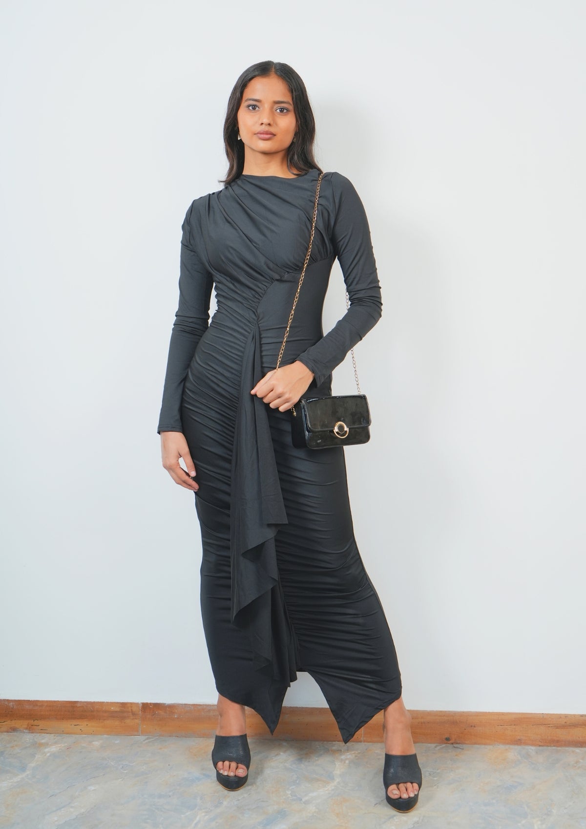 Sexy Front Drape Dress with Broad Neck and Long Silhouette