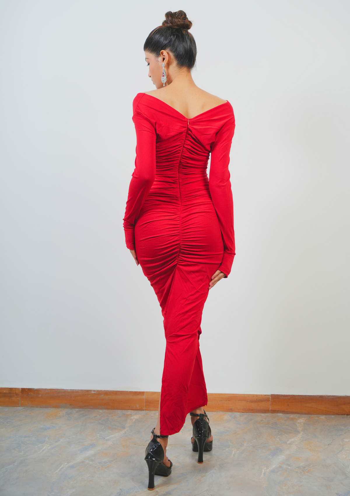 Sexy Long V-Necked Dress with Front Rose for a Date Night