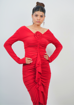 Sexy Long V-Necked Dress with Front Rose for a Date Night