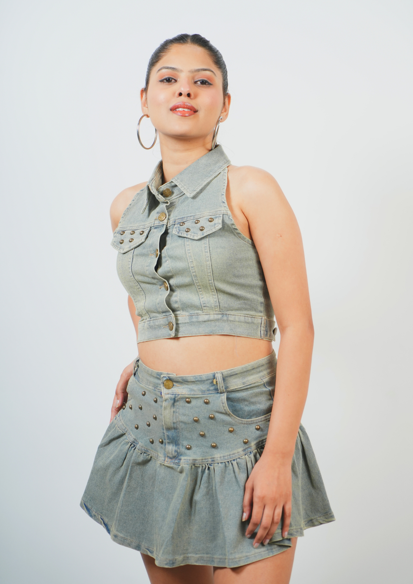 Bold and Stylish Denim Two-Piece Dress with a Waist-Cinching Belt– Zylakk
