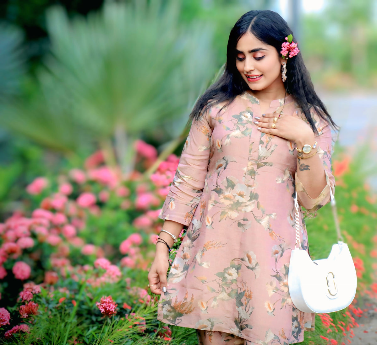 Blush Pink Floral Short Kurti Set