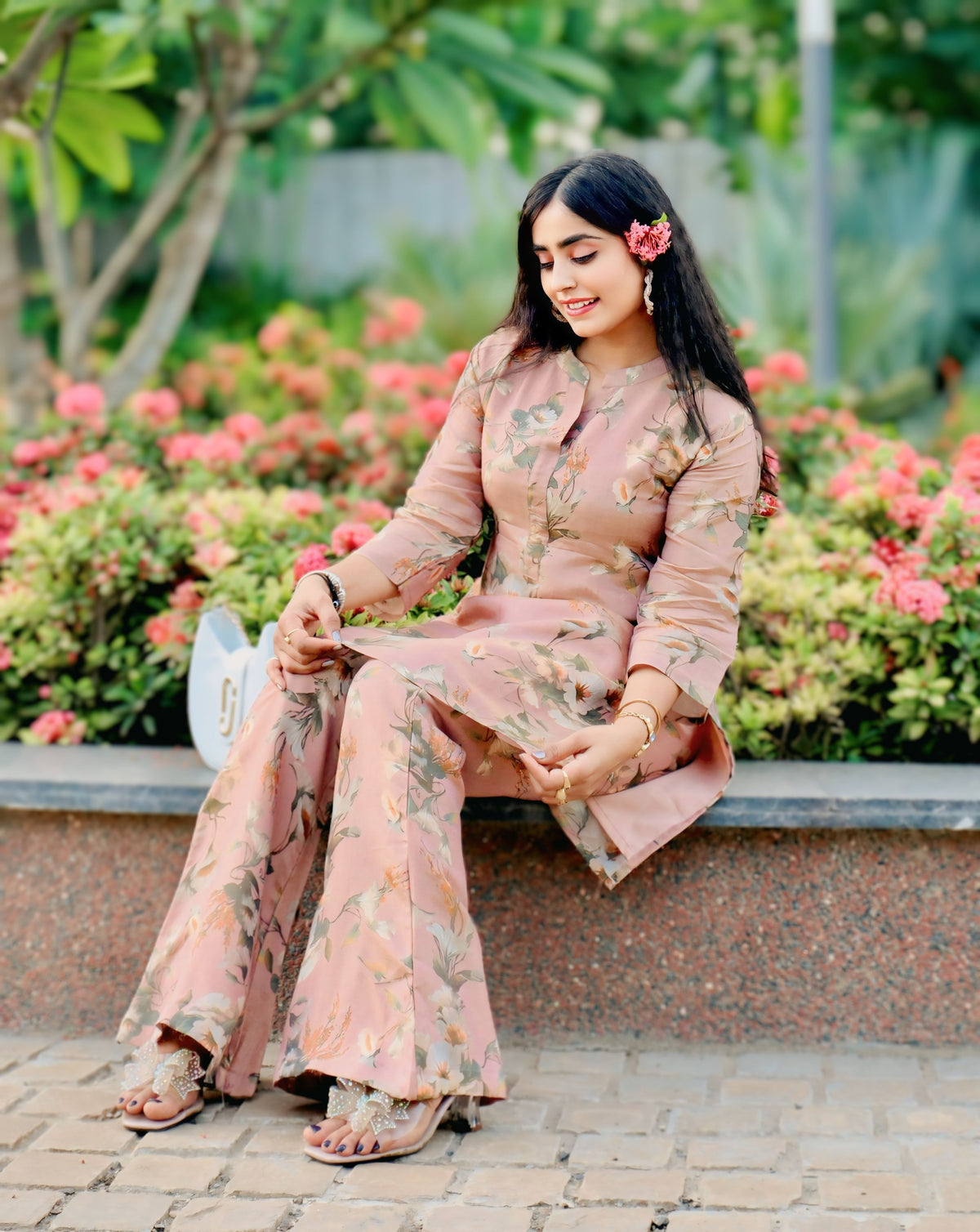 Blush Pink Floral Short Kurti Set