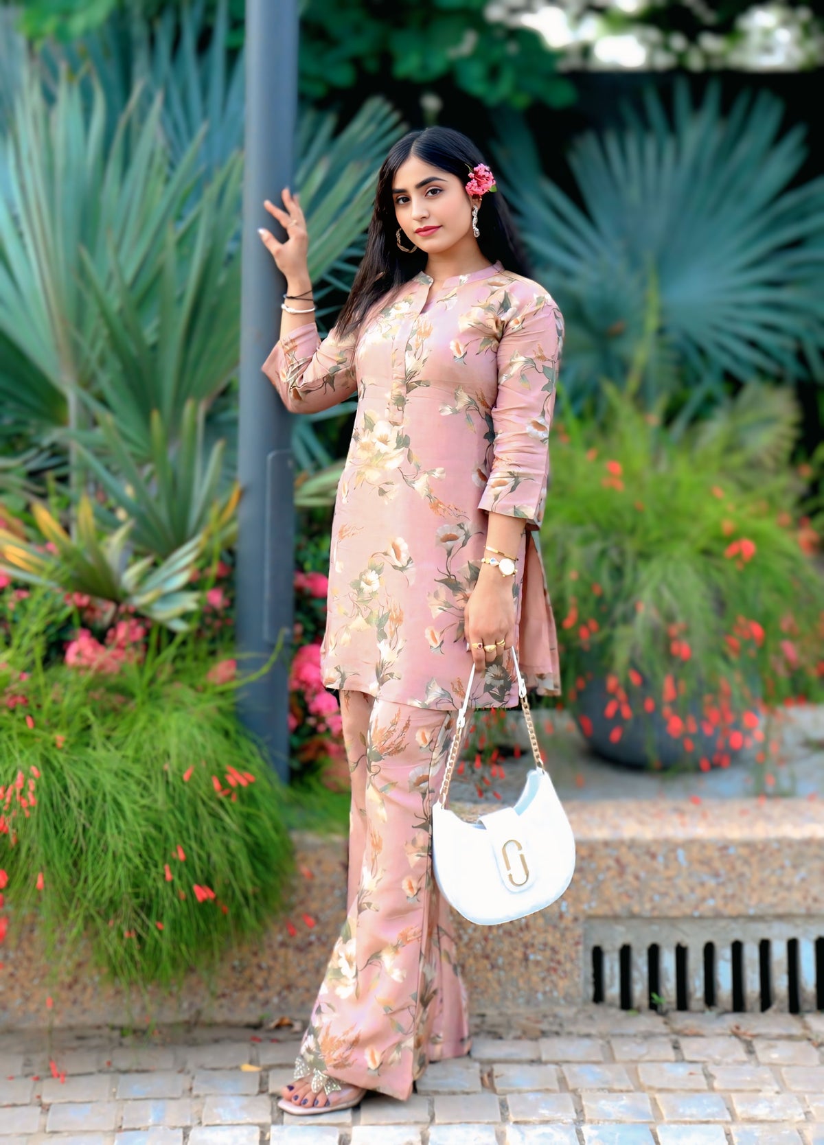 Blush Pink Floral Short Kurti Set