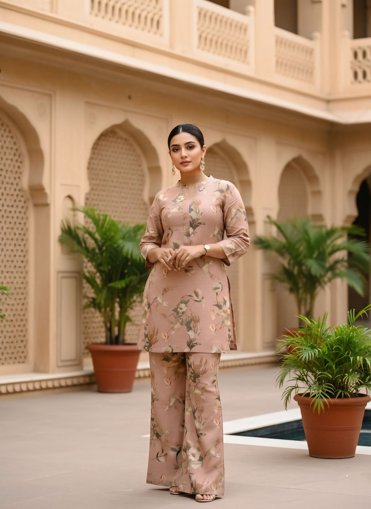 Blush Pink Floral Short Kurti Set