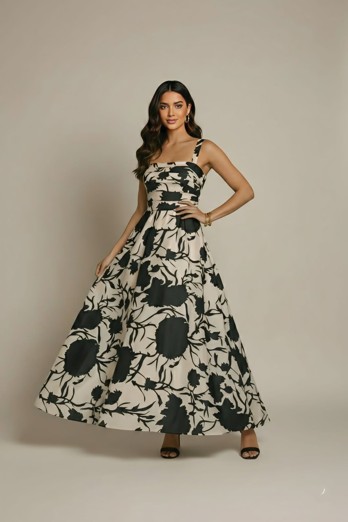 Monochrome Satin Bloom Maxi Dress