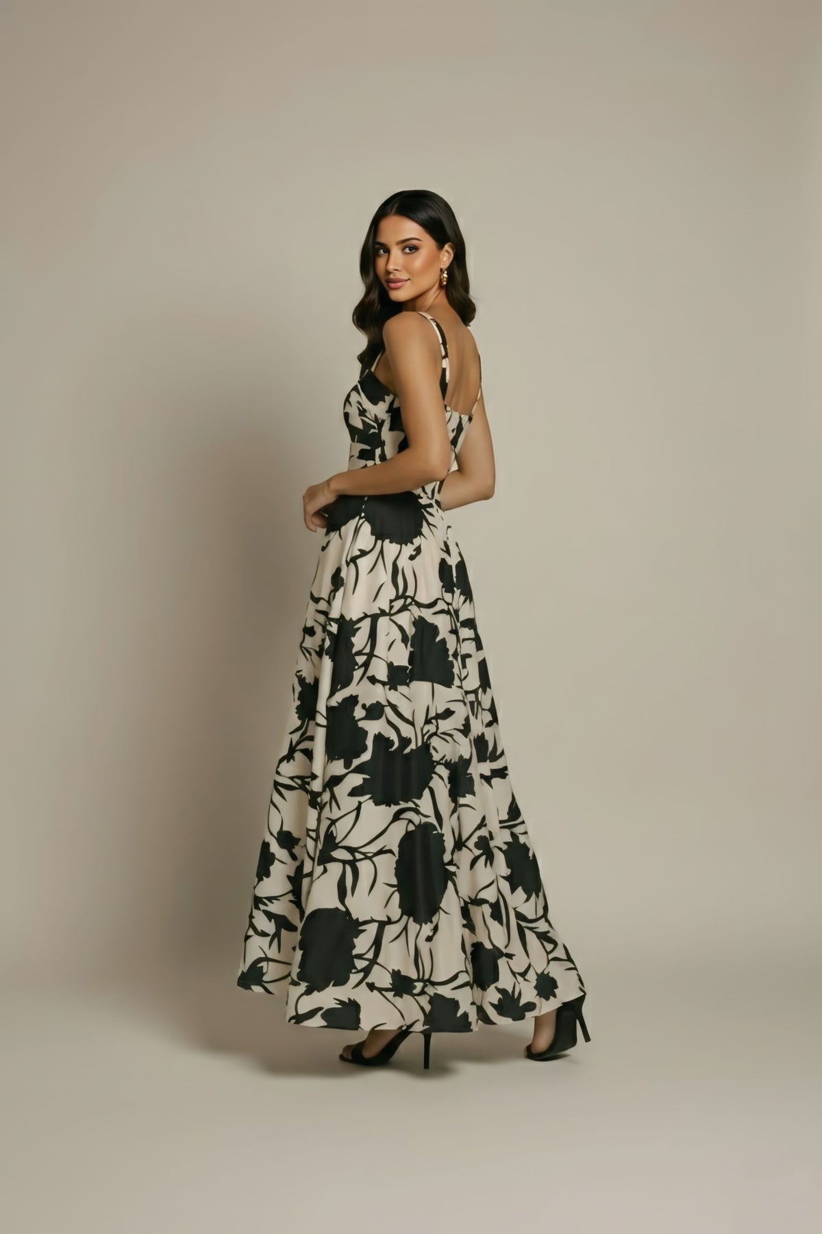 Monochrome Satin Bloom Maxi Dress