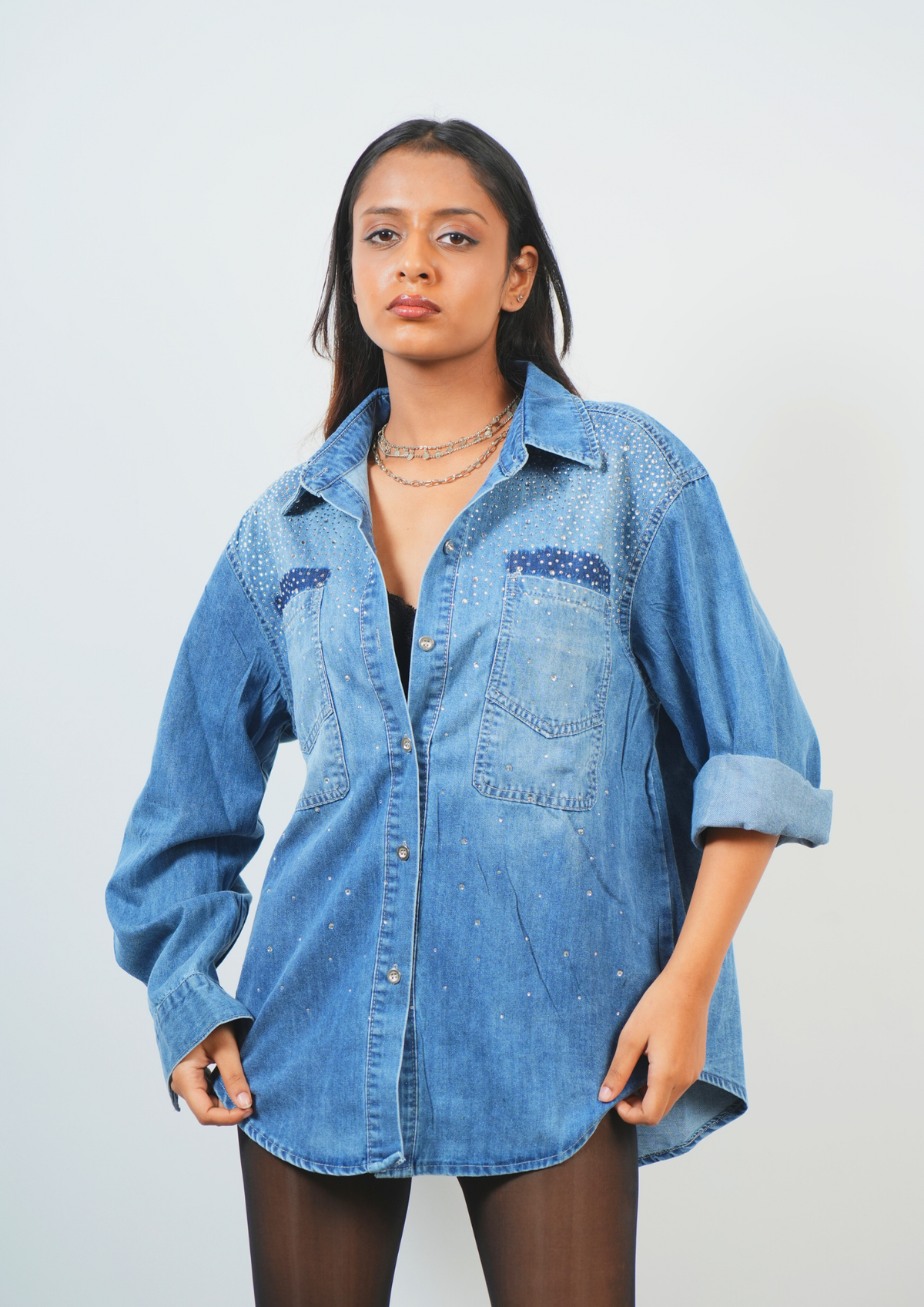 Glam Denim Shirt with Stunning Stone Work Design