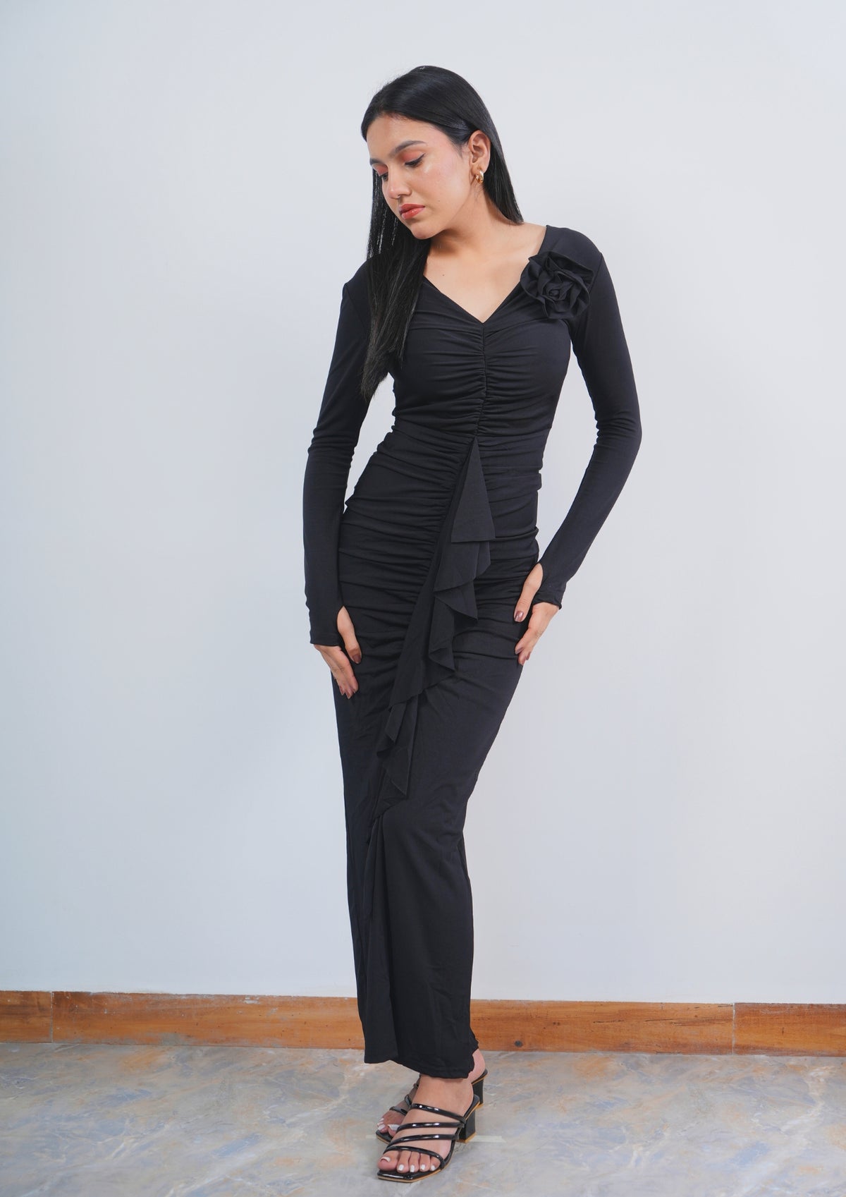 Sexy Long V-Necked Dress with Front Rose for a Date Night