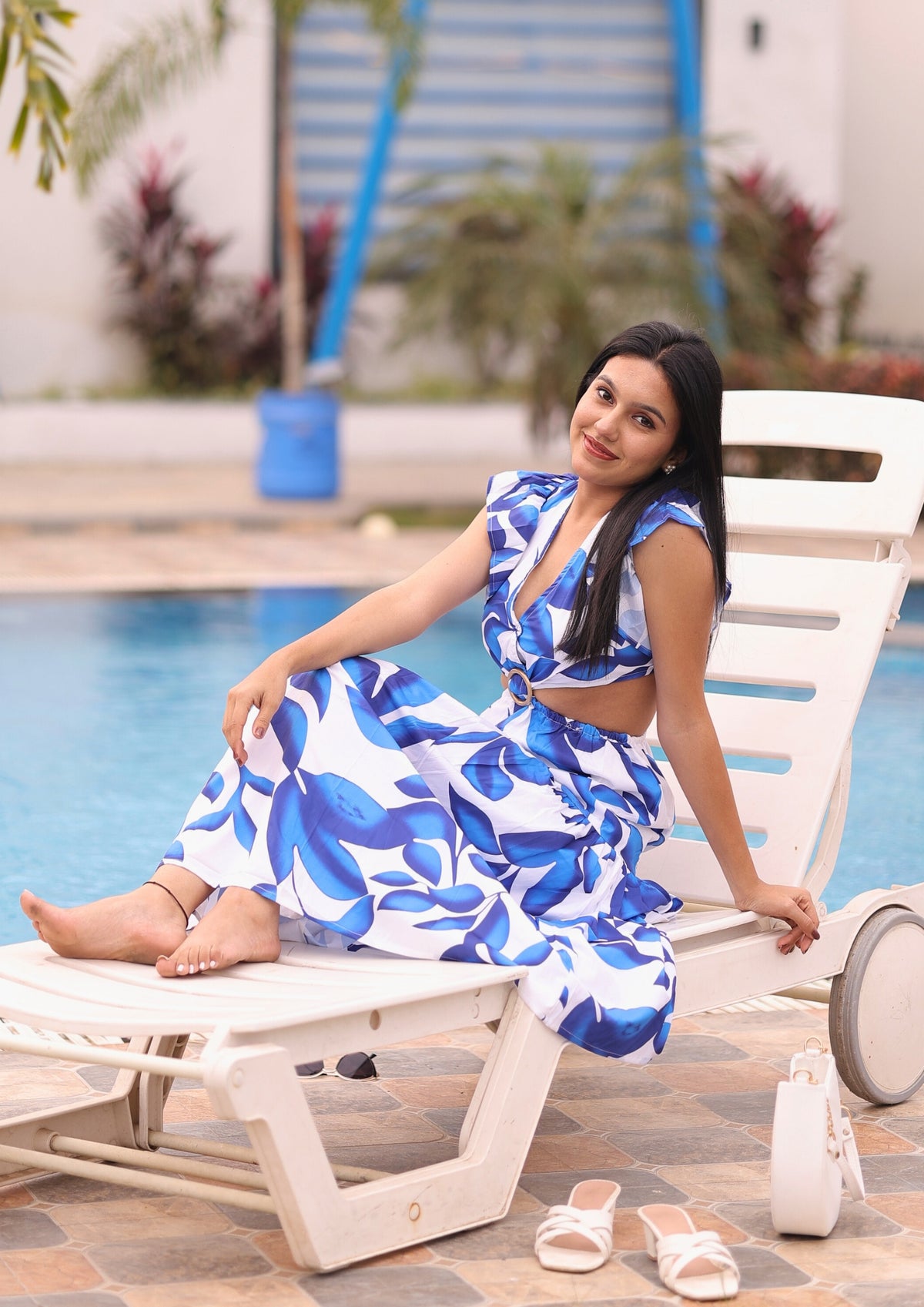 Printed Beachwear Long Dress with Waist Cut Detail