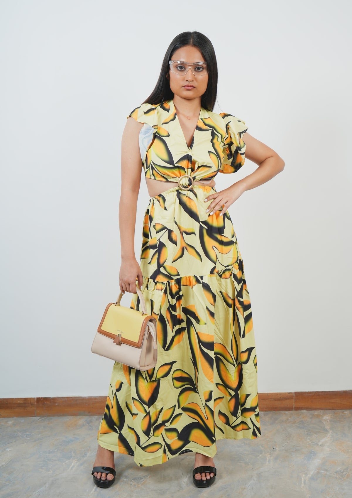 Printed Beachwear Long Dress with Waist Cut Detail