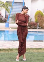 Sexy Front Drape Dress with Broad Neck and Long Silhouette