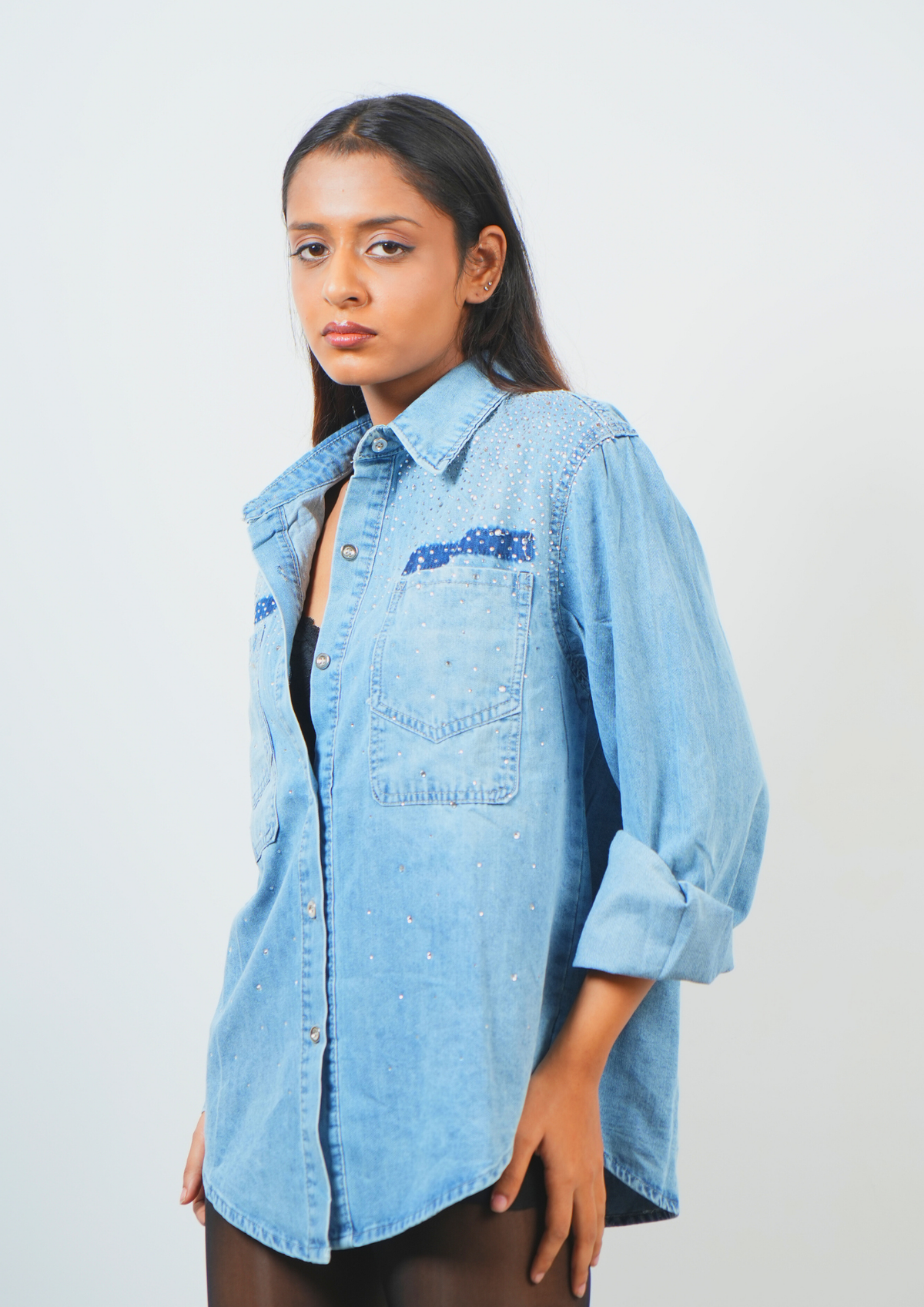 Glam Denim Shirt with Stunning Stone Work Design