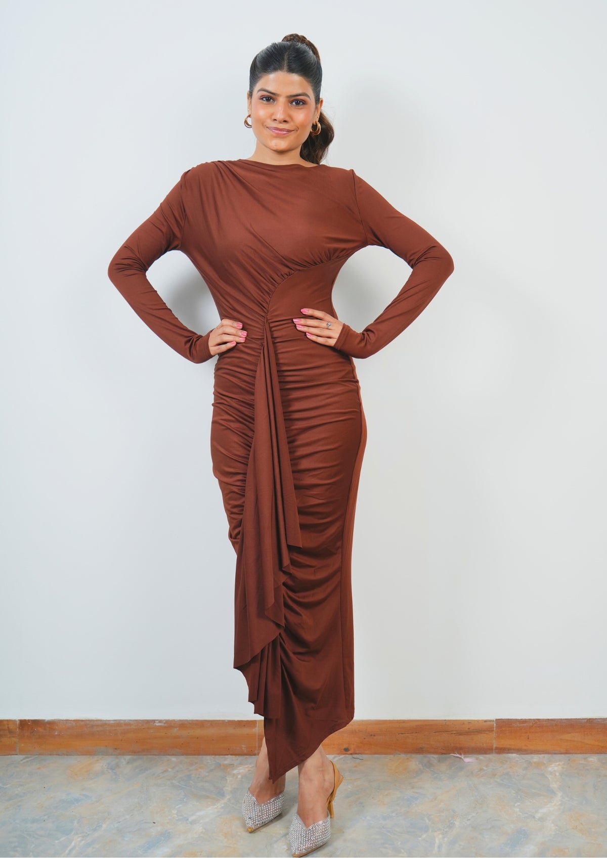 Sexy Front Drape Dress with Broad Neck and Long Silhouette
