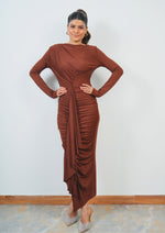 Sexy Front Drape Dress with Broad Neck and Long Silhouette
