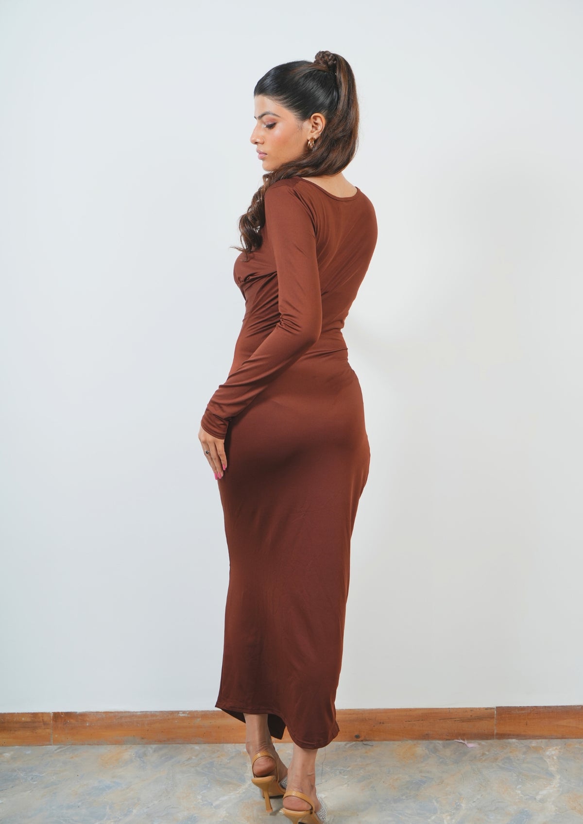 Sexy Front Drape Dress with Broad Neck and Long Silhouette