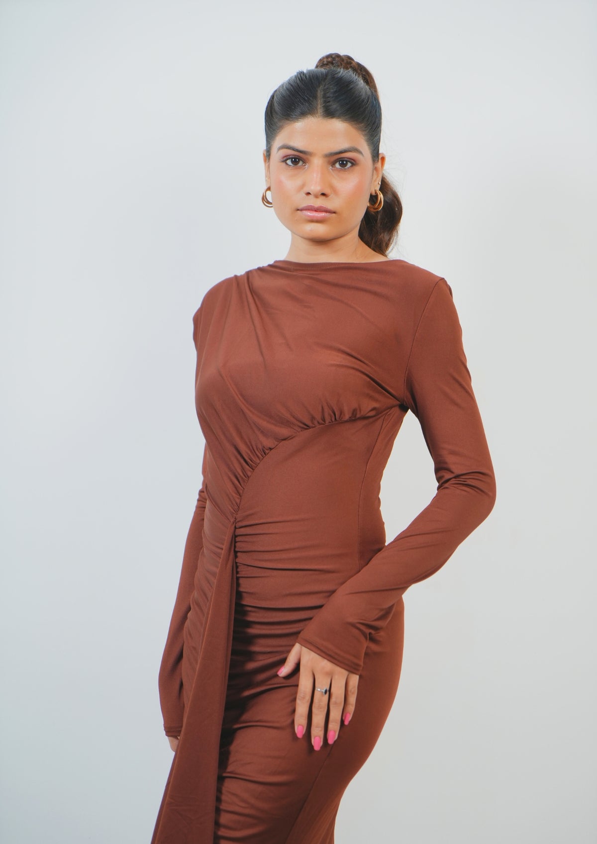 Sexy Front Drape Dress with Broad Neck and Long Silhouette