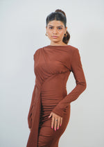 Sexy Front Drape Dress with Broad Neck and Long Silhouette