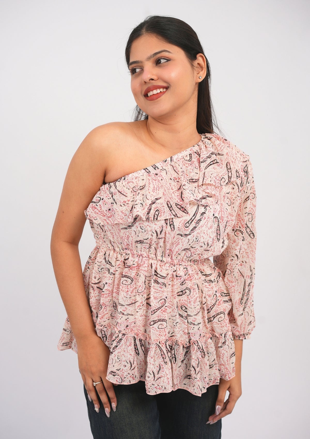 Urban Edge Printed Georgette One-Shoulder Top