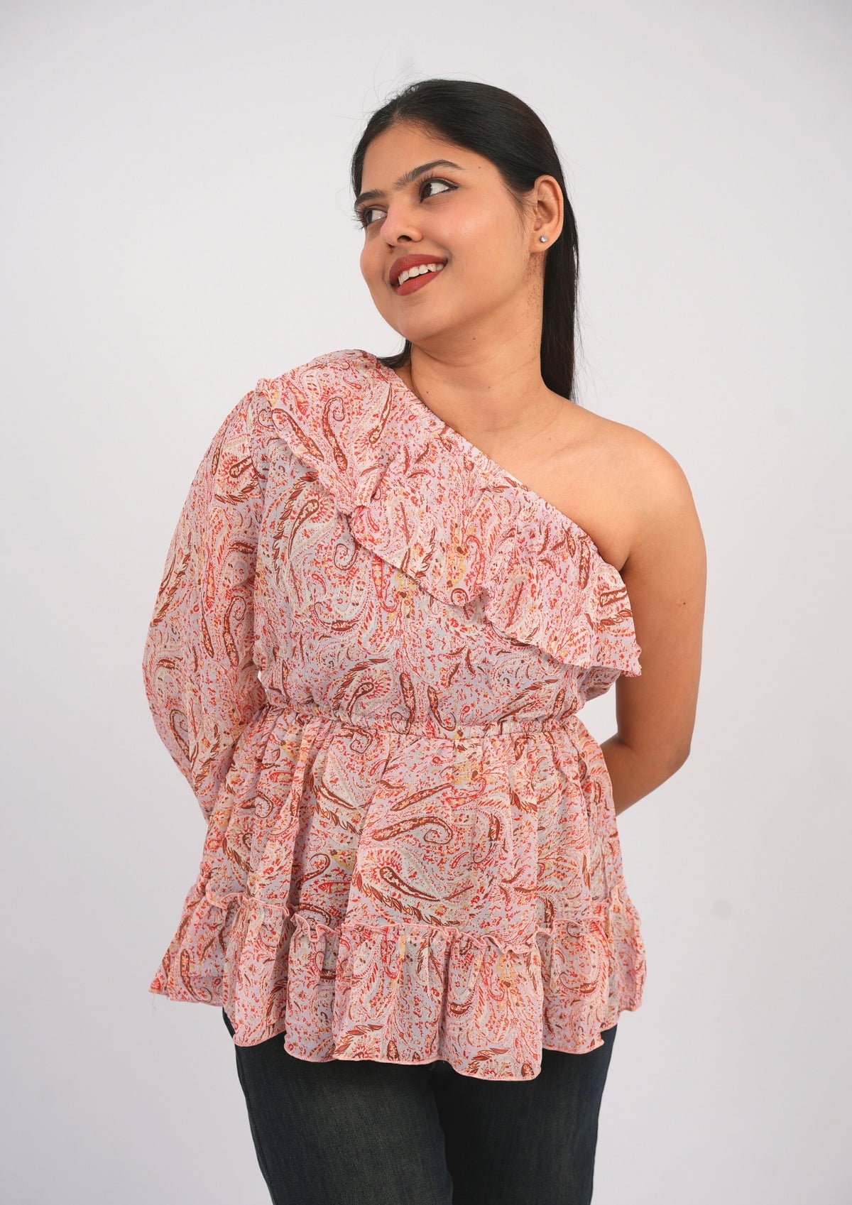 Urban Edge Printed Georgette One-Shoulder Top