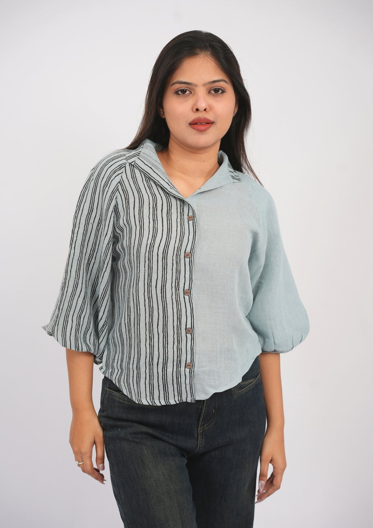 Asymmetrical Lined Cotton-Linen Puff Sleeve Top