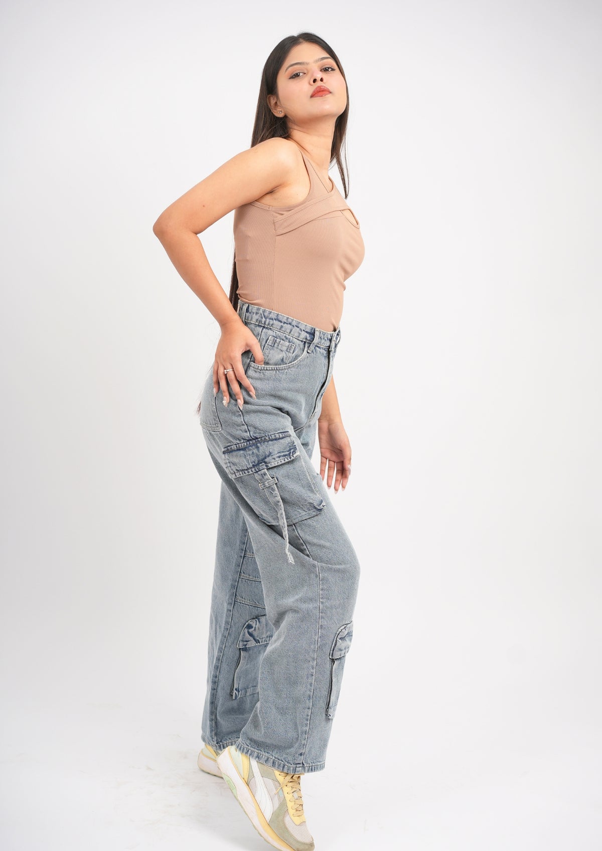 High Waist Cargo 8 Pocket Jeans