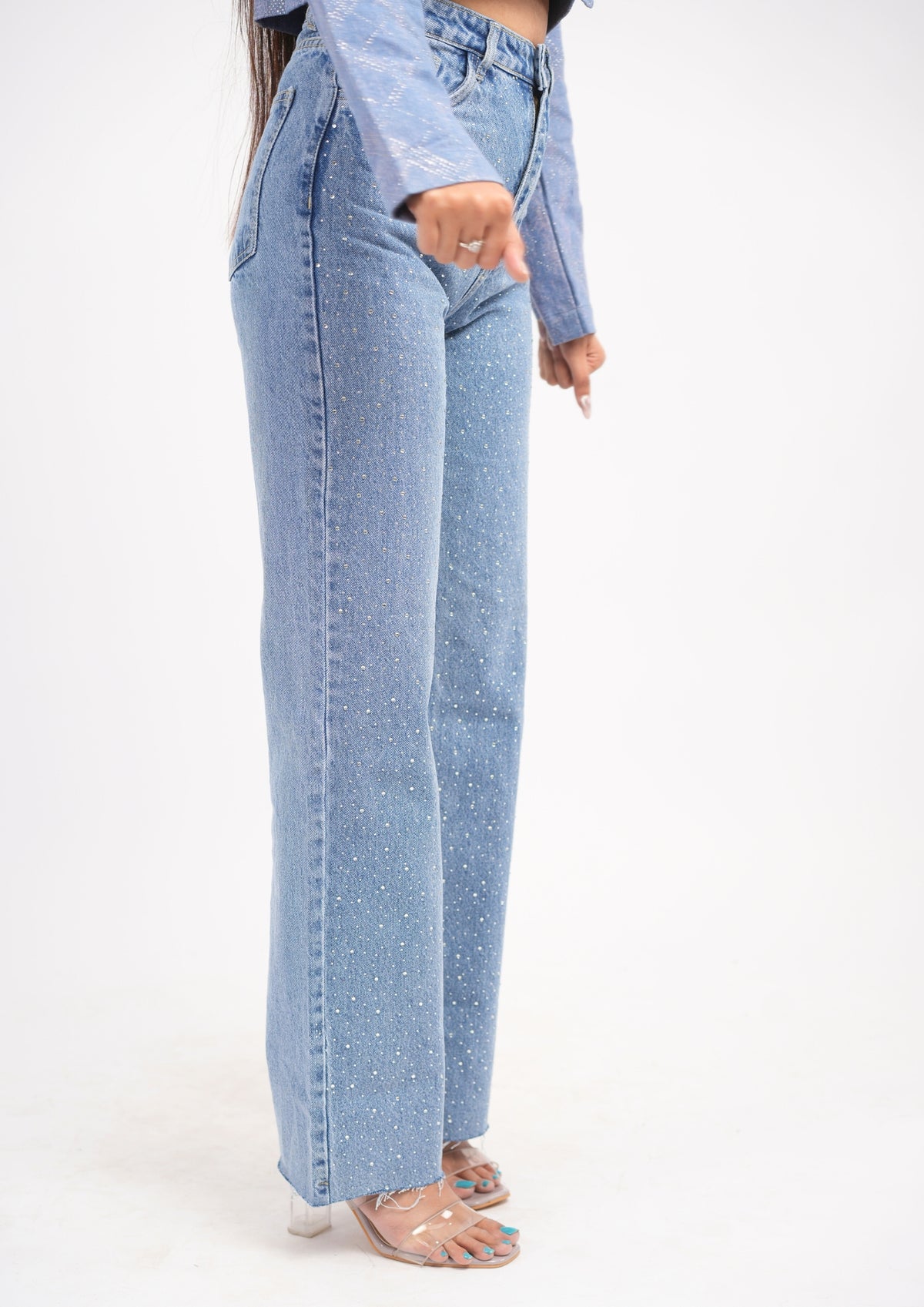 Straight Fit High Waist Jeans With Front Stone Work