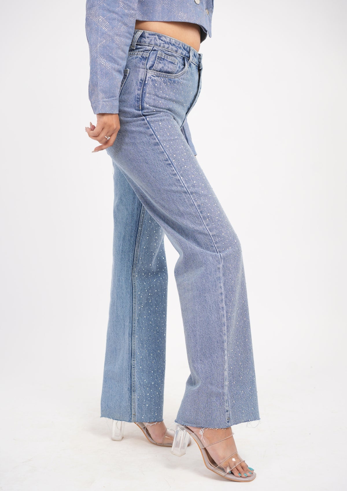 Straight Fit High Waist Jeans With Front Stone Work
