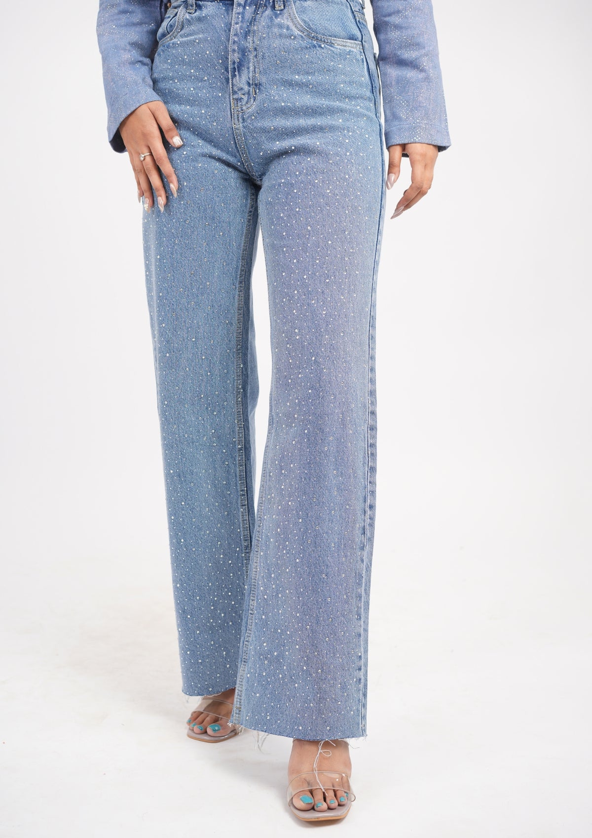 Straight Fit High Waist Jeans With Front Stone Work