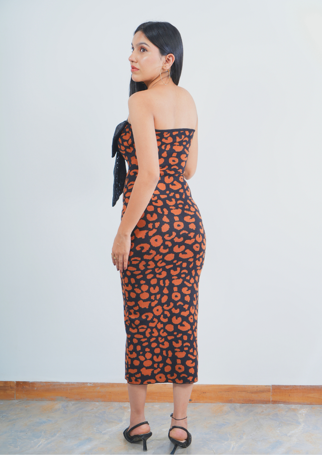 Strapless Woolen Long Midi Dress with Sequin Bow Detail