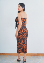 Strapless Woolen Long Midi Dress with Sequin Bow Detail