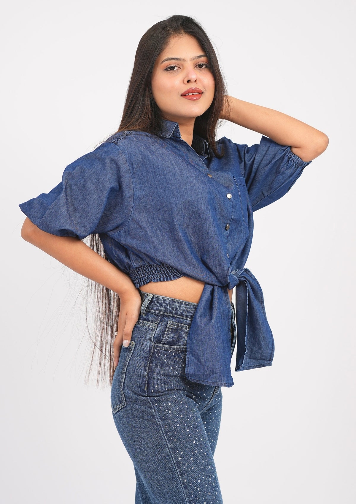 Street Style Front-Knot Denim Crop Top/Shirt