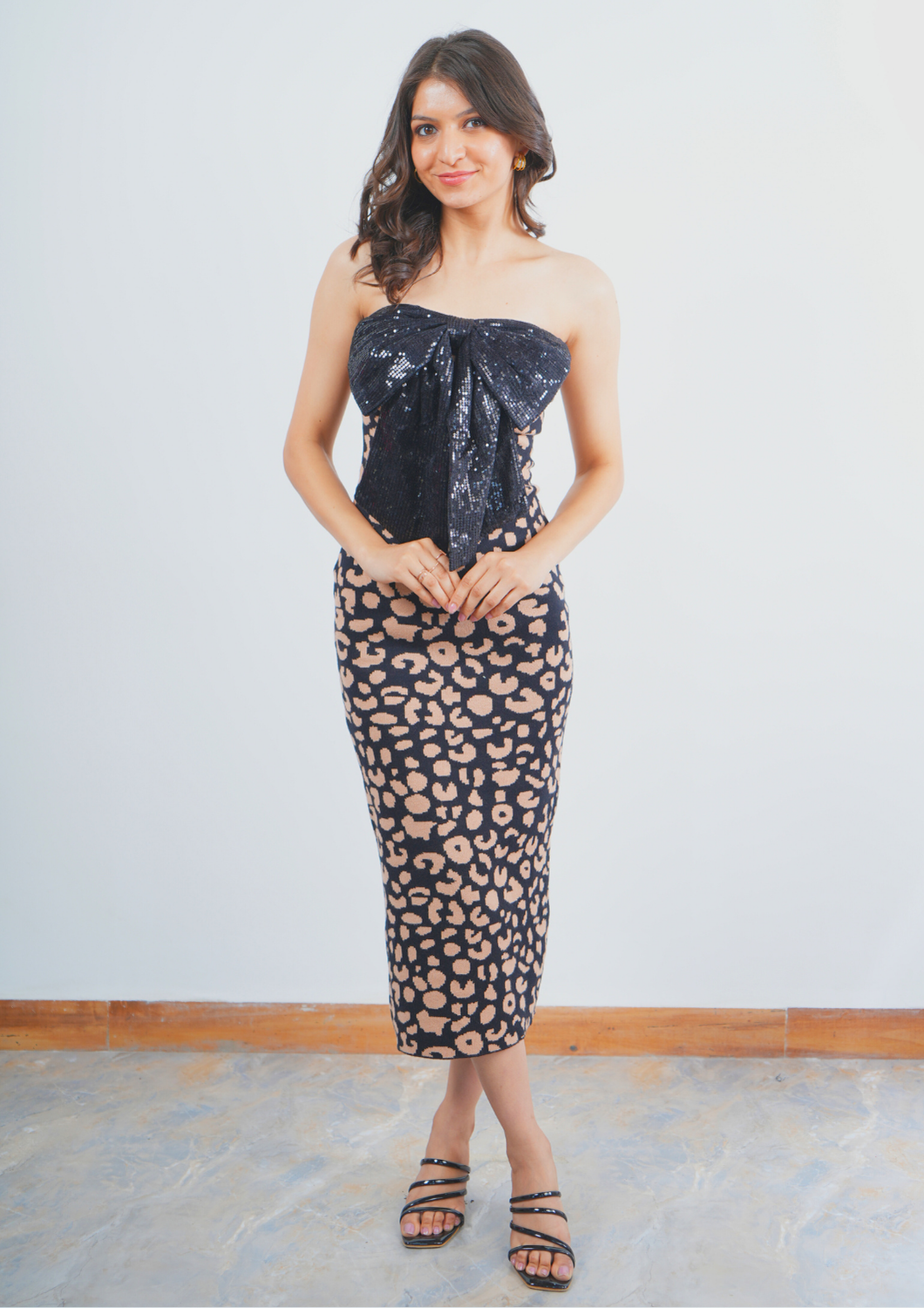 Strapless Woolen Long Midi Dress with Sequin Bow Detail