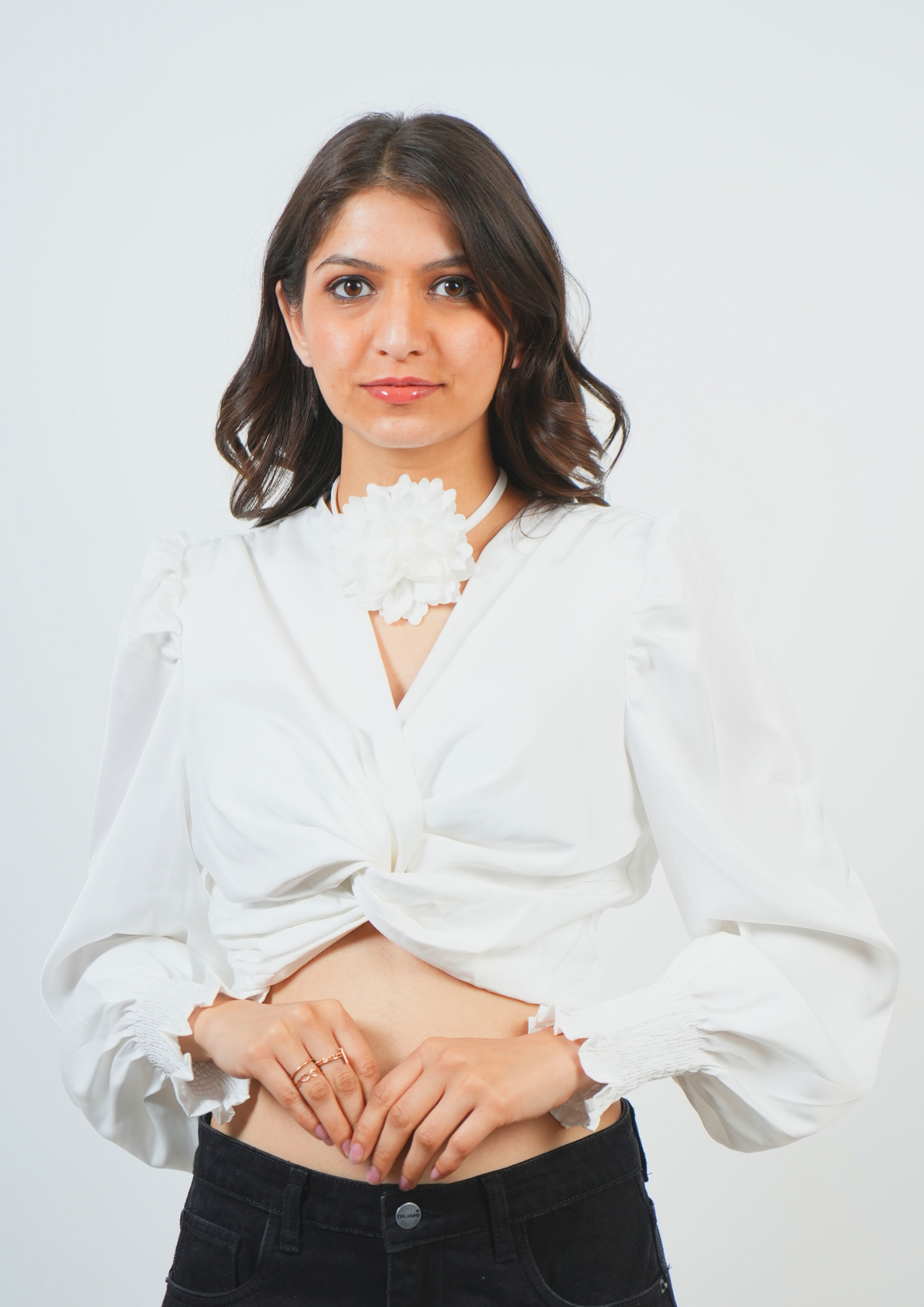 Dainty Pastel Satin Top with a Stylish Flower Tie knot