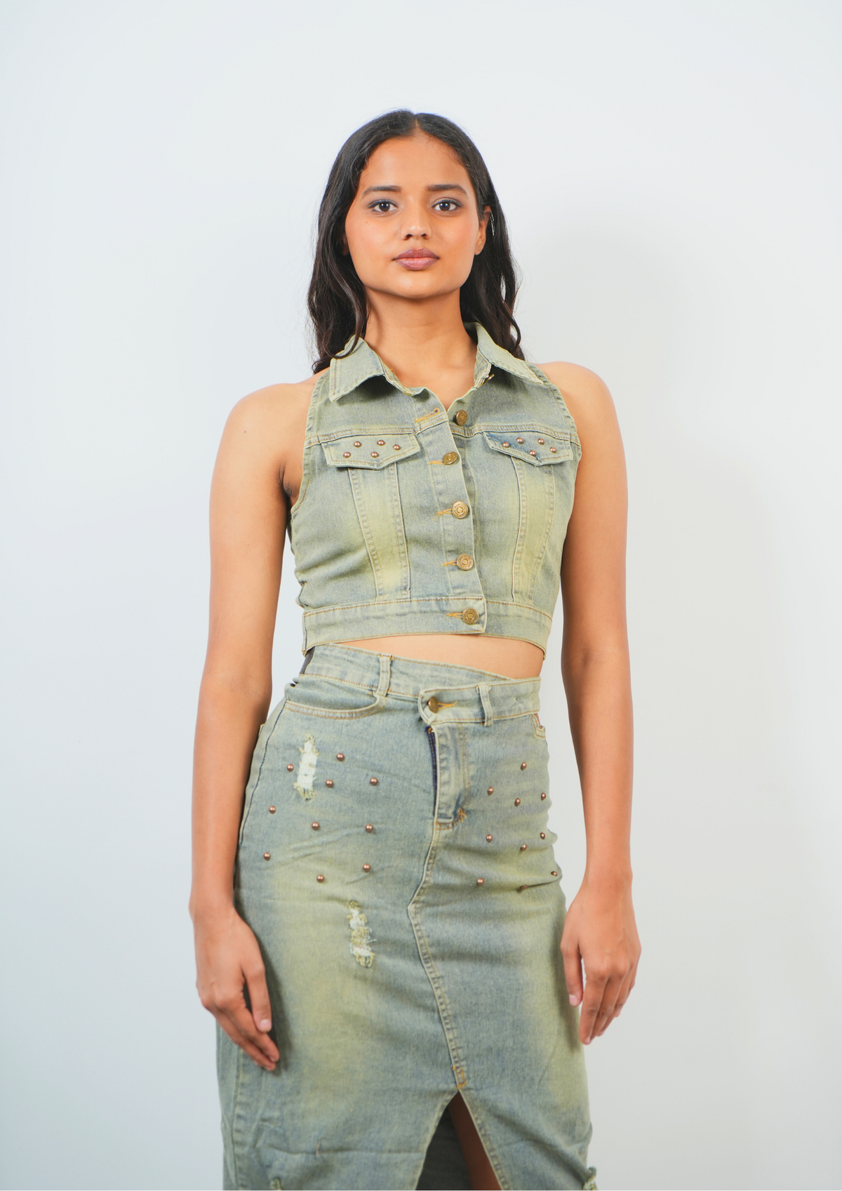 Stylish denim coord set with long skirt