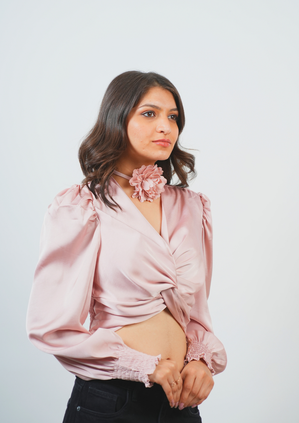 Dainty Pastel Satin Top with a Stylish Flower Tie knot