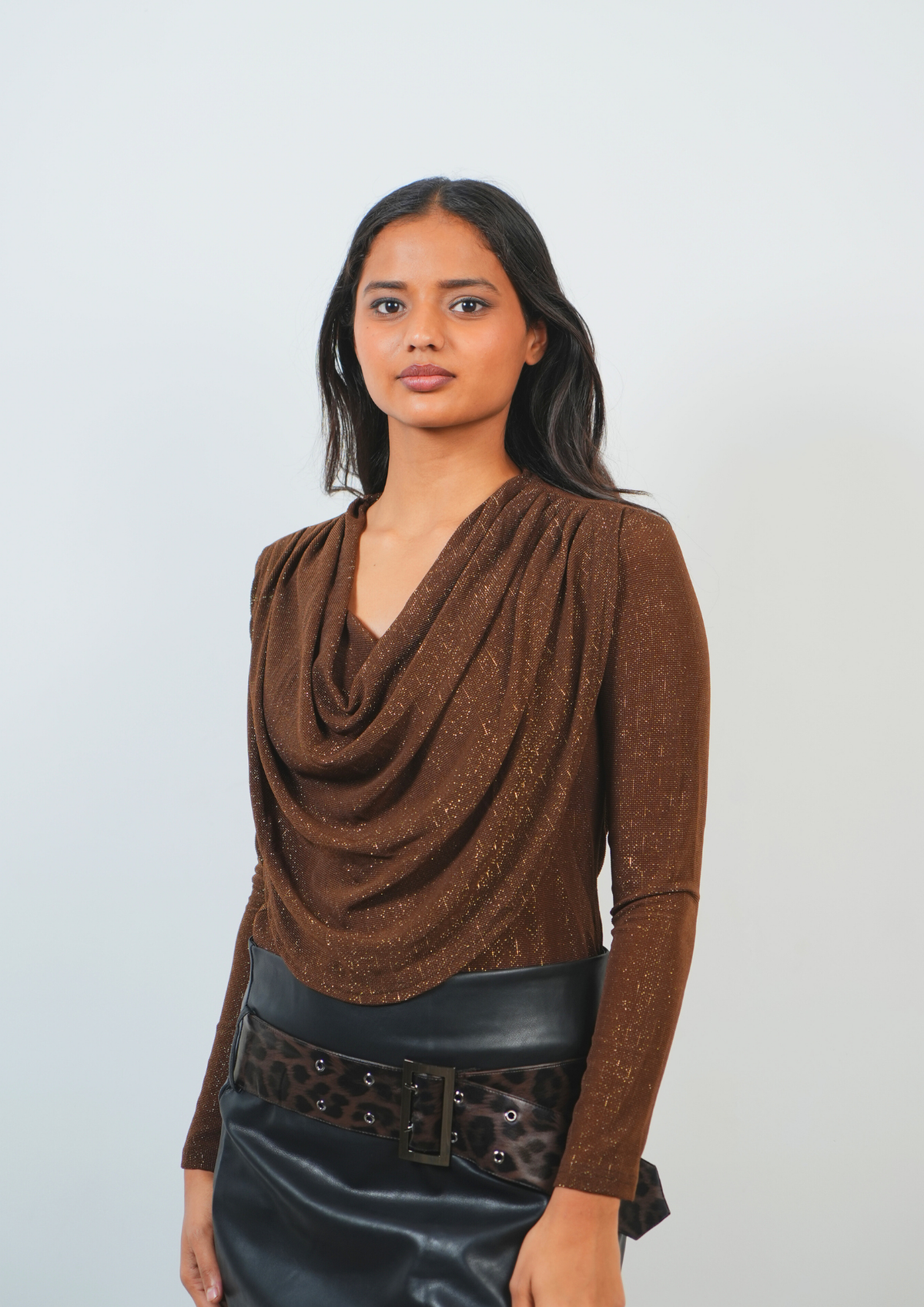 Shimmer Long Sleeve Top with Front Layer Design