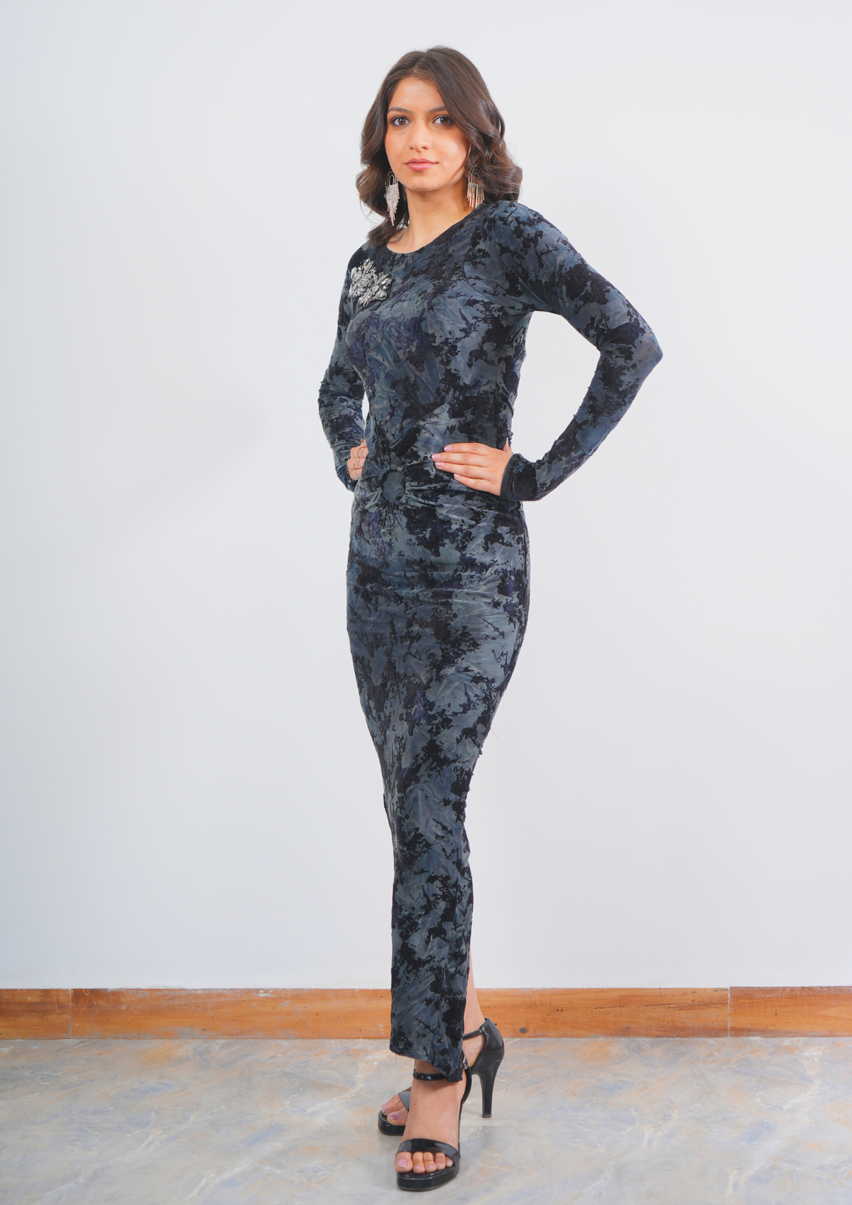 Glamorous Velvet Party Wear Dress with Global Texture and Diamond Accents