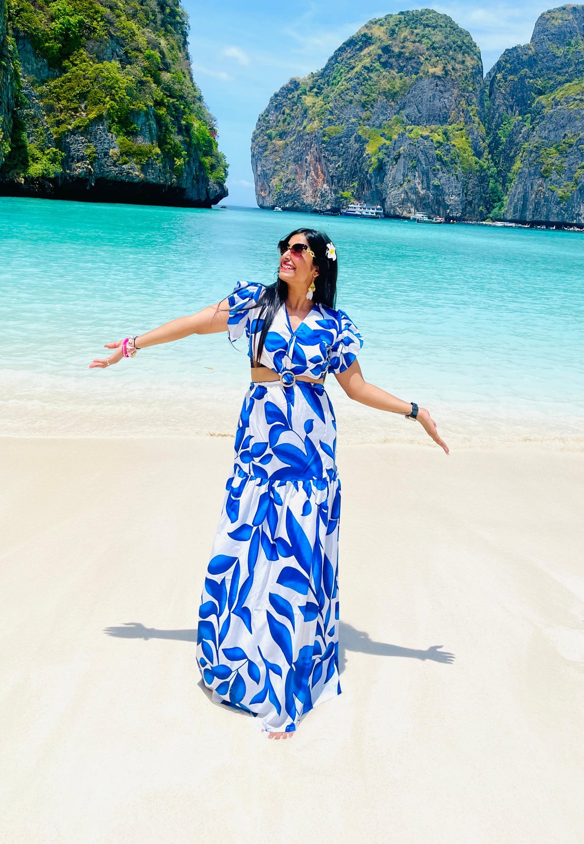 Printed Beachwear Long Dress with Waist Cut Detail