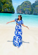 Printed Beachwear Long Dress with Waist Cut Detail