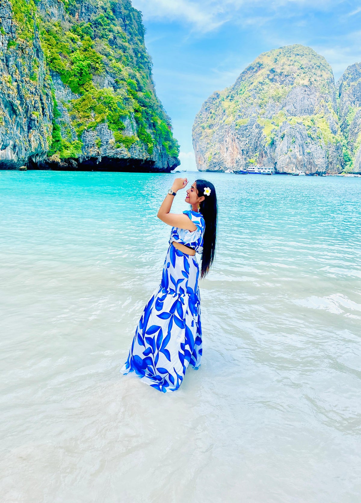 Printed Beachwear Long Dress with Waist Cut Detail