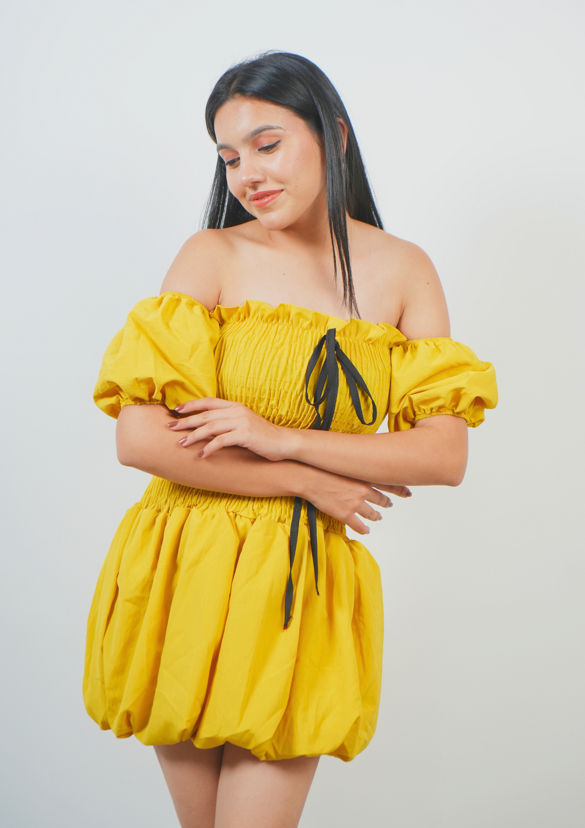 Cute Balloon Dress Featuring a Front Tie Accent