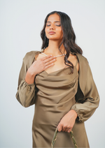 Graceful Satin Gown with Attached Pearl Necklace Shrug Detail