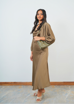 Graceful Satin Gown with Attached Pearl Necklace Shrug Detail