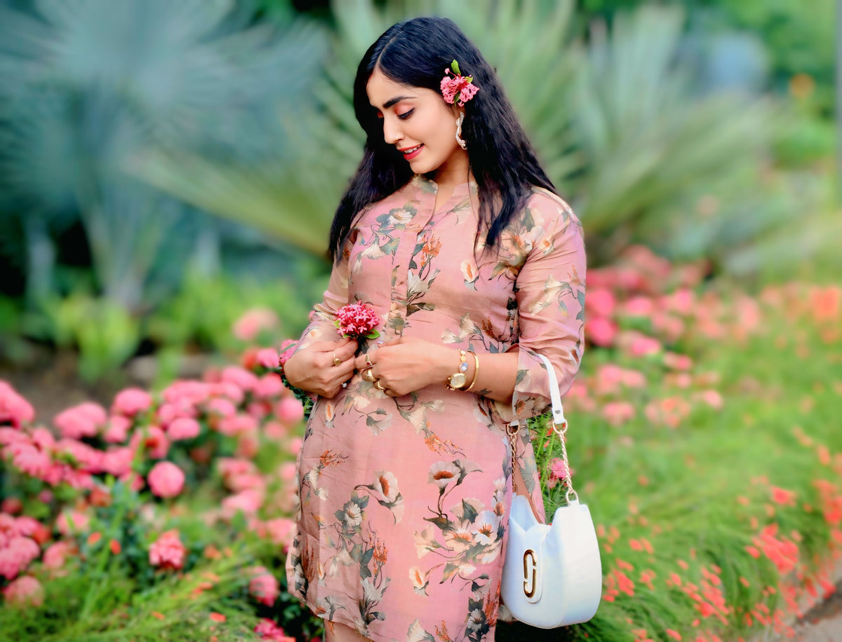 Blush Pink Floral Short Kurti Set
