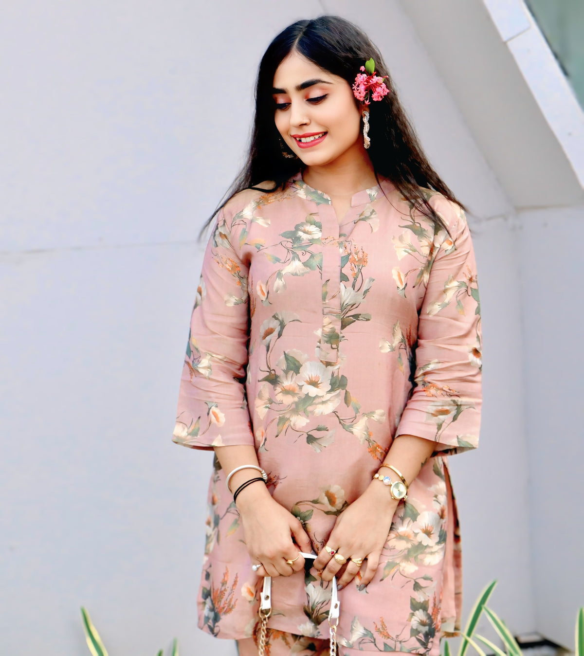 Blush Pink Floral Short Kurti Set