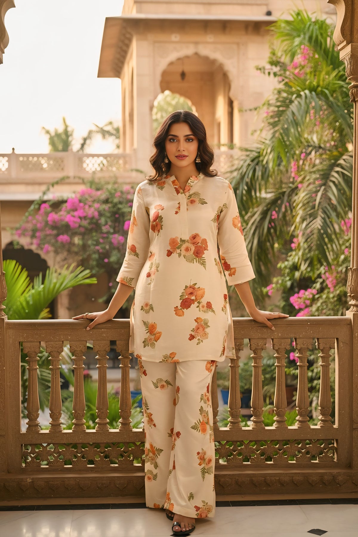 Cream Floral Short Kurti Set