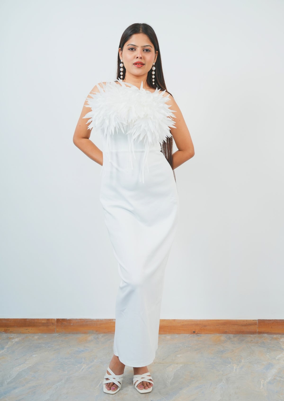 Stunning Long A-Line Evening Dress with Delicate Leaf Feather Accents