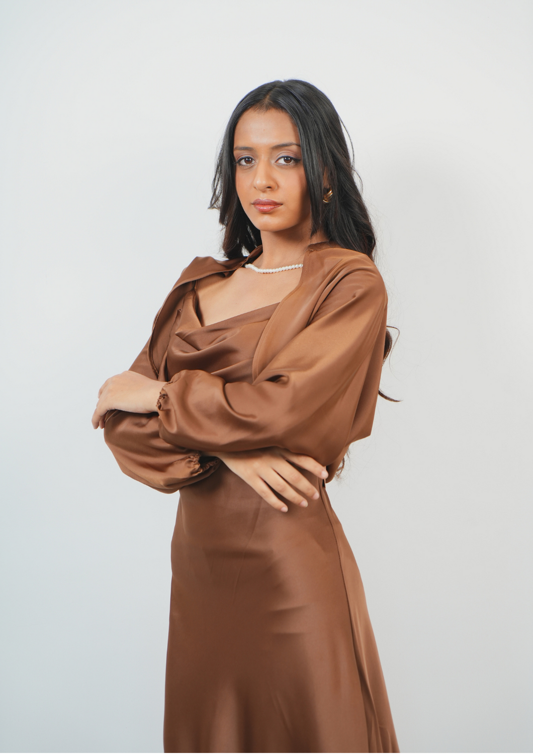 Graceful Satin Gown with Attached Pearl Necklace Shrug Detail