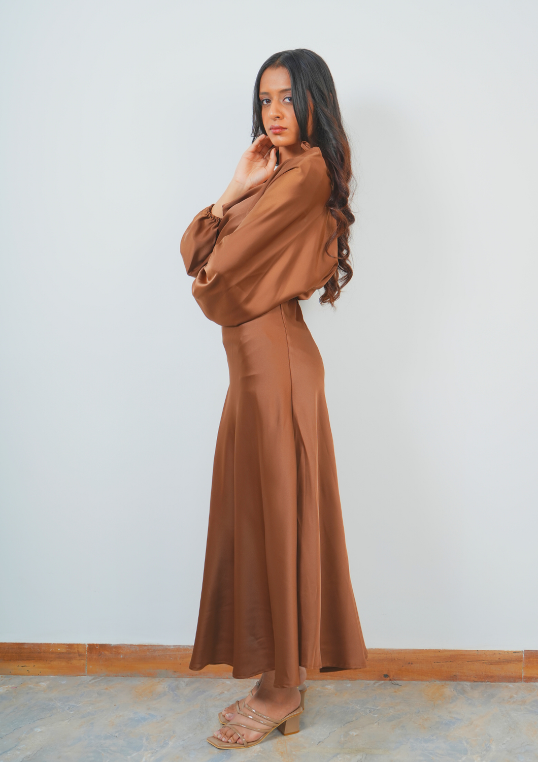 Graceful Satin Gown with Attached Pearl Necklace Shrug Detail