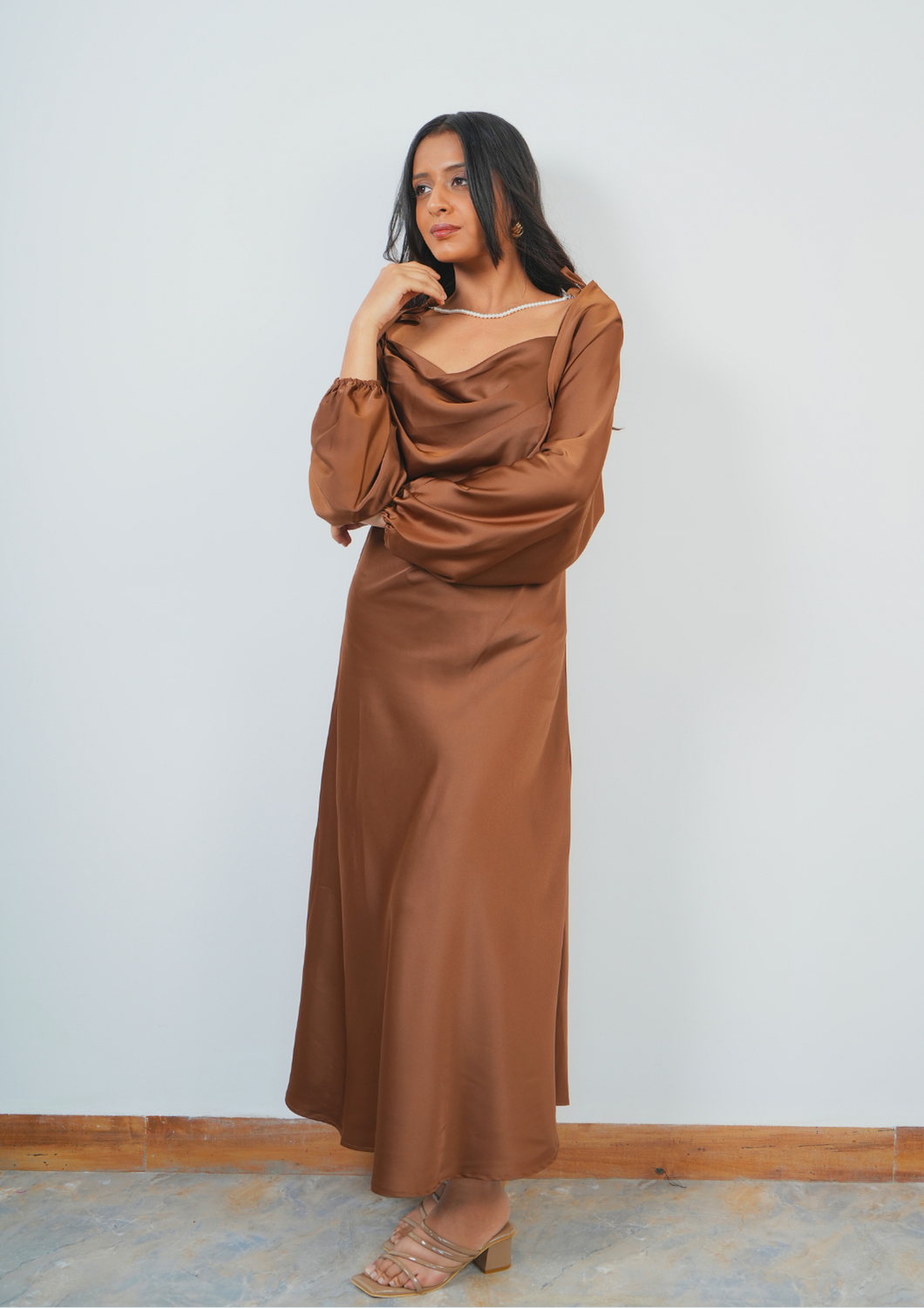 Graceful Satin Gown with Attached Pearl Necklace Shrug Detail